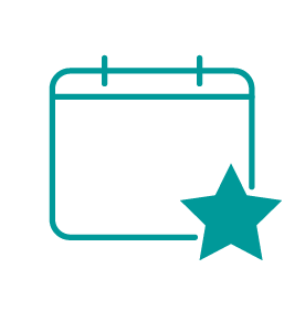 Kalender-Symbol mit türkisfarbener Umrandung und großem Stern unten rechts, ideal zur Kennzeichnung besonderer Termine oder Events für Gamification-Software, Gewinnspiele und Wettbewerbe.