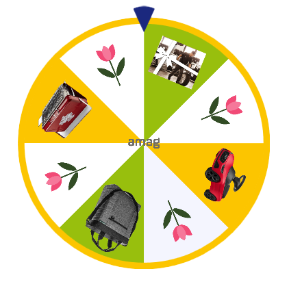 Alt-Text-Vorschlag (SEO-optimiert, deutsch): Gelb-wei&szlig;es Gl&uuml;cksrad mit sechs Feldern und Gamification-Elementen: drei Tulpen-Symbole, Gewinne wie rote Lunchbox, schwarzer Rucksack und rotes Spielzeugauto; blauer Zeiger oben und &bdquo;amag&ldquo;-Logo in der Mitte &ndash; ideal f&uuml;r Gewinnspiele, Wettbewerbe oder Gamification-Software.
