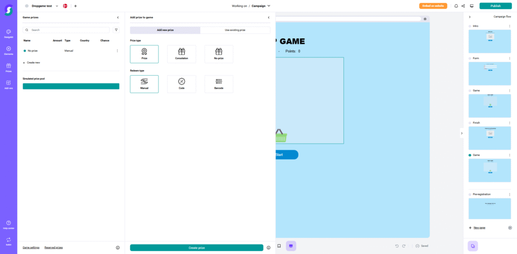 Screenshot eines webbasierten Game-Editors zur Erstellung von Gewinnspielen und Wettbewerben: Links Auswahl für Preisgruppen, Drehversuche, Coupons und Belohnungen, rechts Vorschau einer blauen Gamification-Oberfläche mit Bildschirmablauf – ideal für Gamification-Software.