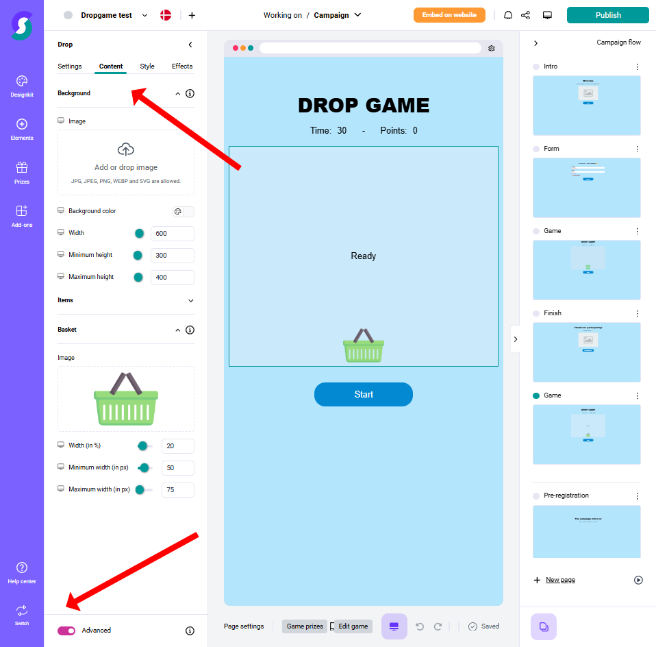 Screenshot eines Webdesign-Editors für ein Drop-Game mit aktivierter „Erweitert“-Option und hervorgehobener Hintergrundbild-Einstellung – Benutzeroberfläche für Gamification-Software, Gewinnspiele und Wettbewerbe.