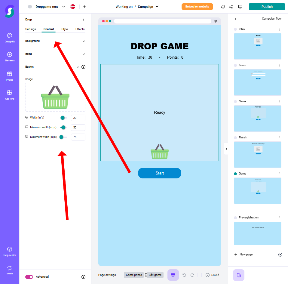 Screenshot des DROP GAME-Design-Interfaces einer Gamification-Software mit ausgewähltem Korb-Symbol und aktivem Content-Tab; Rote Pfeile heben die einfachen Anpassungsoptionen im linken Einstellungsbereich für Gewinnspiele und Wettbewerbe hervor.
