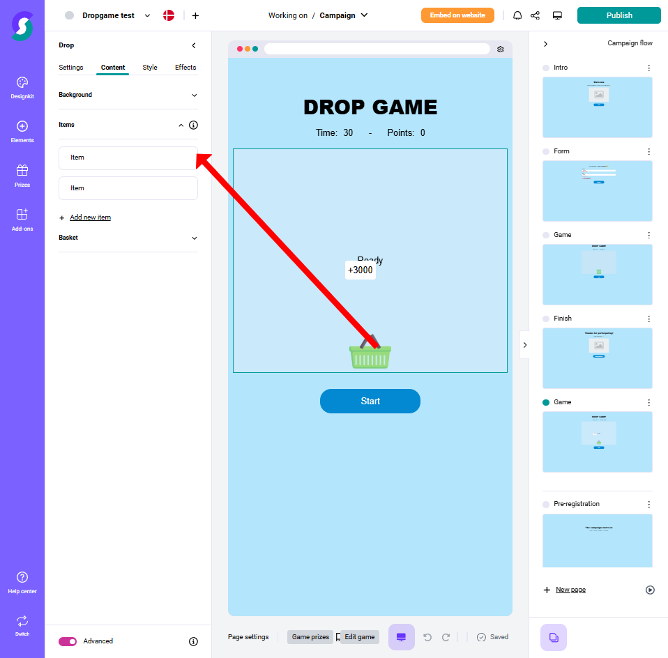 Gamification-Software Screenshot mit Drop Game: Roter Pfeil zeigt von linkem Bedienfeld zum grünen Korb im Spielfeld, Timer und Punktestand über blauen Start-Button – ideal für interaktive Gewinnspiele und Wettbewerbe.