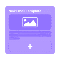 Alt-Text-Vorschlag (SEO-optimiert, kurz, informativ): Lila Grafik mit der Aufschrift „New Email Template“, Bildsymbol, Platzhalter für Text und einem Plus-Zeichen – ideal zum Erstellen von Online-Marketing-Kampagnen und Gewinnspielen mit Gamification-Software.
