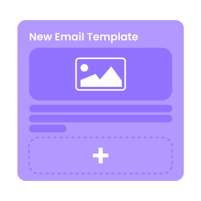 Alt-Text-Vorschlag (SEO-optimiert, kurz, informativ): Lila Grafik mit der Aufschrift „New Email Template“, Bildsymbol, Platzhalter für Text und einem Plus-Zeichen – ideal zum Erstellen von Online-Marketing-Kampagnen und Gewinnspielen mit Gamification-Software.