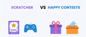 Visuelle Gegenüberstellung der Gamification-Plattformen Scratcher und Happy Contests mit Symbolen für interaktive Gewinnspiele, Minigames und Lead-Generierung.