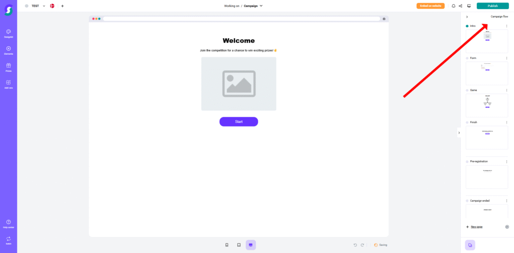Campaign Flow Screenshot eines Gamification-Software-Dashboards mit Willkommensnachricht und zentralem Start-Button; In der rechten Seitenleiste ist eine übersichtliche Kategorieliste sichtbar, wobei ein roter Pfeil auf die Kategorie „Text“ hinweist – ideal zur Verwaltung von Gewinnspielen und Wettbewerben.