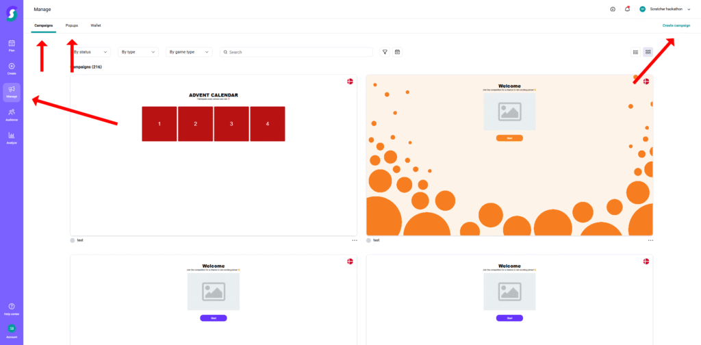 Manage - Toolbox Dashboard einer Gamification-Software mit übersichtlichen Kampagnen-Management-Tools, Navigationsleisten-Links, Suchfunktion und Kampagnennamen oben sowie orangefarbenen Markierungen für Gewinnspiele-Liste, Kalender und Bearbeitungsfunktionen.