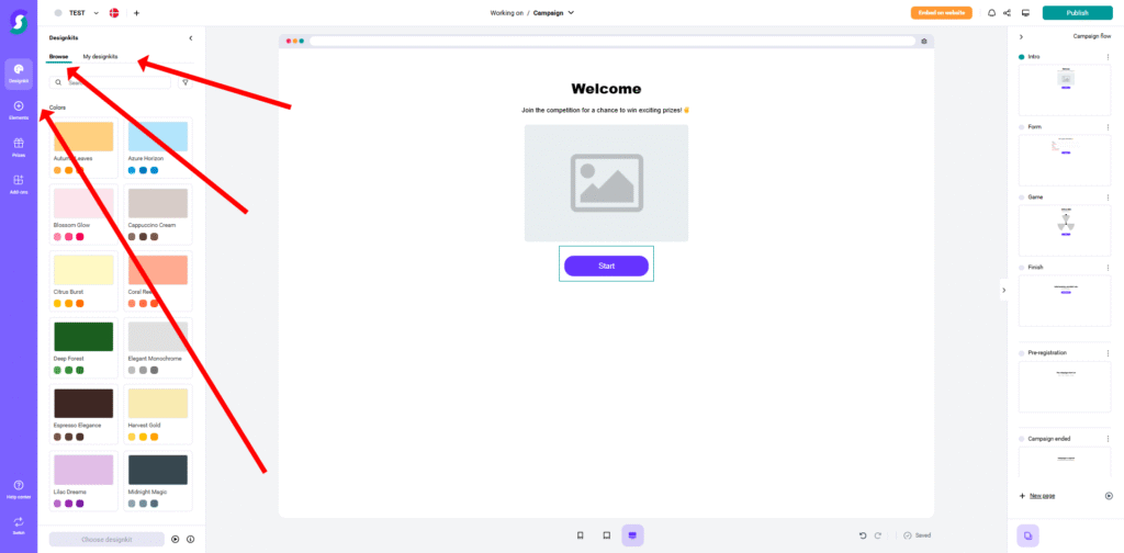 Design-kit Gamification-Software Website-Screenshot: Willkommen-Bildschirm mit großem Start-Button, bunter Vorlagen-Auswahl in der linken Seitenleiste und roten Pfeilen zur Navigation für Projekte, Menü und Vorlagen; Ideal für Gewinnspiele und Wettbewerbe.