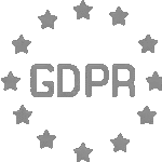 Kreisförmige Anordnung von zwölf Sternen um den Schriftzug „GDPR“ (Datenschutz-Grundverordnung) in Graustufen – Symbolbild für DSGVO-konforme Gamification-Software, Gewinnspiele und Wettbewerbe.