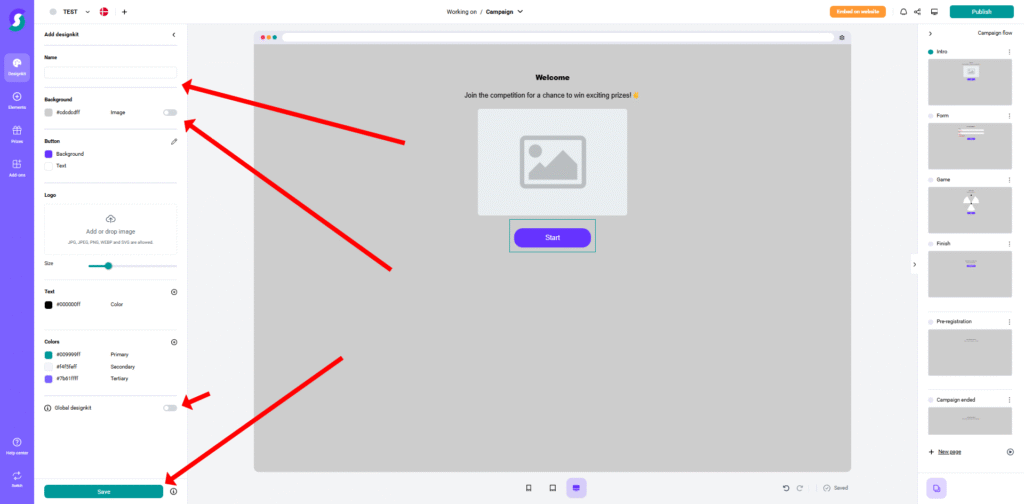 Design-kit 3 Benutzerfreundliche Gamification-Software-Oberfläche zur Kampagnenbearbeitung mit hervorgehobenen Optionen zum Bild hinzufügen, Einstellungen anpassen und grünem Speichern-Button für Gewinnspiele und Wettbewerbe.