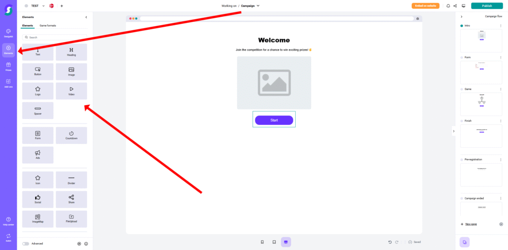Elements 1 Screenshot einer Gamification-Software: Design-Oberfläche mit Seitenleiste für Bild, Text, Button und Formen; Rote Pfeile markieren das Bild-Icon und einen leeren Bildbereich im Canva-Arbeitsbereich für Gewinnspiele und Wettbewerbe.