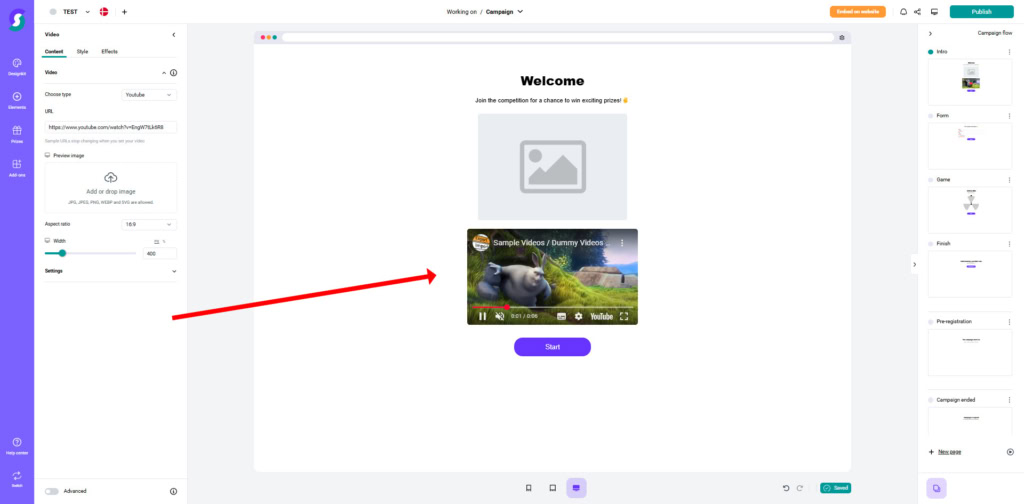 Elements 2 Alt-Text (SEO-optimiert, kurz und informativ): Screenshot einer Gamification-Software: Willkommen-Bildschirm mit Beispielvideo, roter Pfeil auf das Video, Projekt-Einstellungen in der Seitenleiste und grünem „Veröffentlichen“-Button zum Teilen von Gewinnspielen und Wettbewerben.