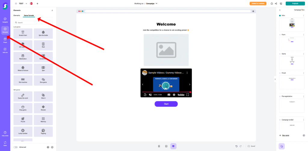 Elements 3 SEO-optimierter Alt-Text (Deutsch): Dashboard einer Gamification-Software mit hervorgehobenen „Elemente“- und „Abschnitte“-Tabs im Seitenmenü. Im Hauptbereich sind ein Beispielbild-Platzhalter und ein eingebettetes Video für einfache Navigation zu sehen.