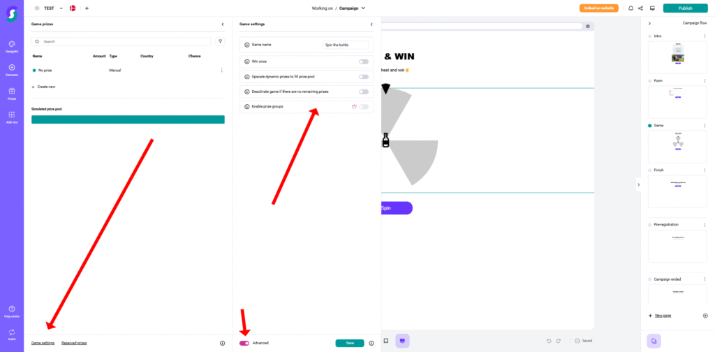 Game prices 1 Software-Dashboard einer Gamification-Plattform mit Kampagneneinstellungen; Rote Pfeile markieren den Bereich „Rewards“, den „Formular-Editor“ unten links und einen Umschalter für „Erweiterte Einstellungen“ zur individuellen Anpassung von Gewinnspielen und Wettbewerben.