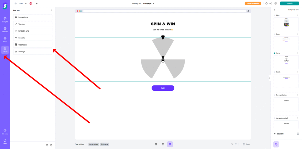 Add-ons 1 Alt-Text (SEO-optimiert, deutsch): Website-Editor mit „Spin & Win“-Glücksrad-Gewinnspiel; Zwei rote Pfeile heben das Menü „Methoden“ in der linken Seitenleiste hervor. Weitere Optionen zur Anpassung der Gamification-Software sind sichtbar.