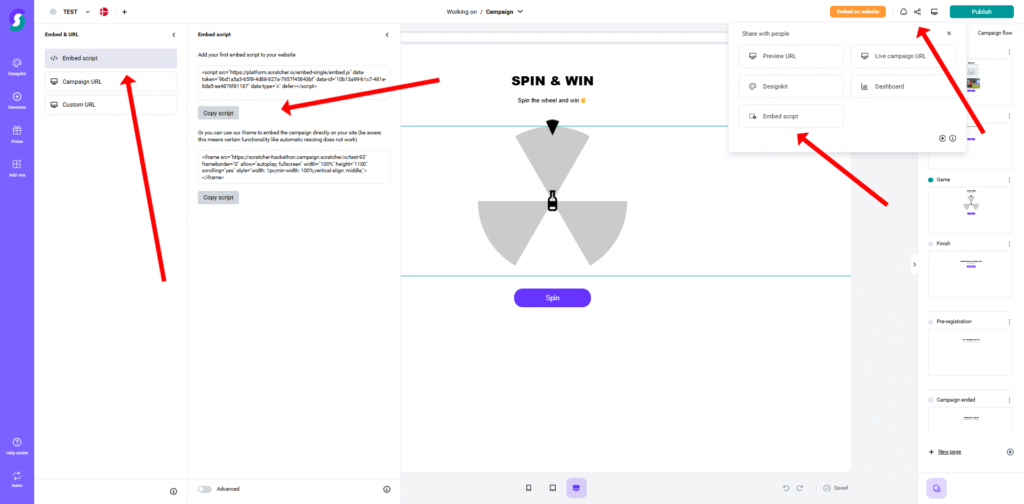 Add-ons 3 Screenshot eines Webseiten-Editors für Gamification-Software: Zu sehen ist ein Spin & Win Gewinnspiel, rote Pfeile markieren das Kampagnen-URL-Feld, die Live-Vorschau der Aktion sowie die Einbettungsoption im Sharing-Menü oben rechts.