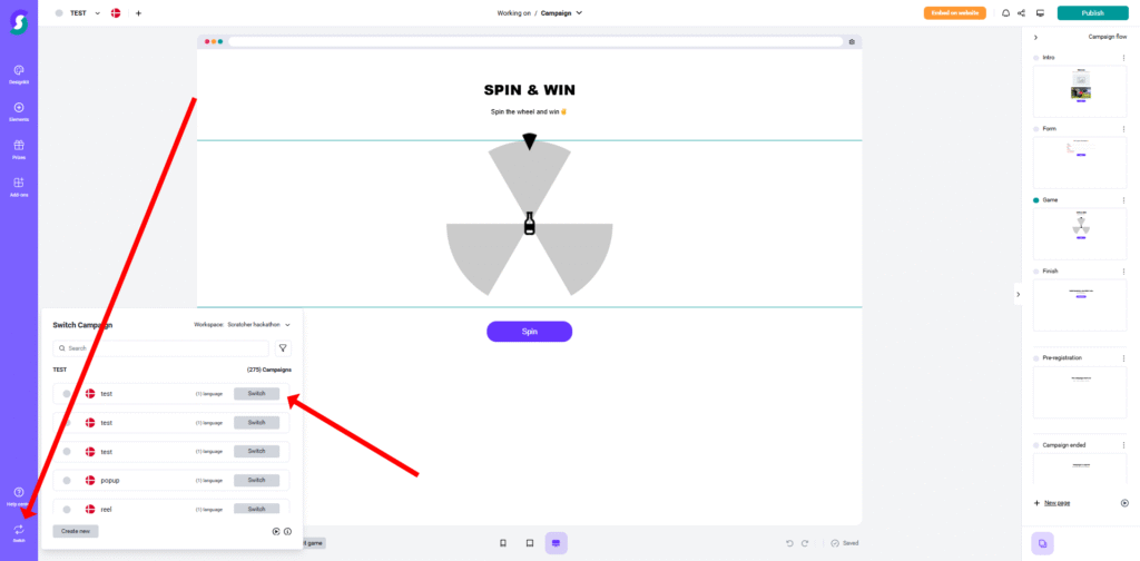 Dropdown Menu 2 Computerbildschirm mit Spin & Win Glücksrad-Interface, ein Pfeil weist auf das Dropdown-Menü „SMTP Campaigns“ in der Seitenleiste, um verschiedene E-Mail-Marketing-Optionen für Gamification-Gewinnspiele und Wettbewerbe anzuzeigen.