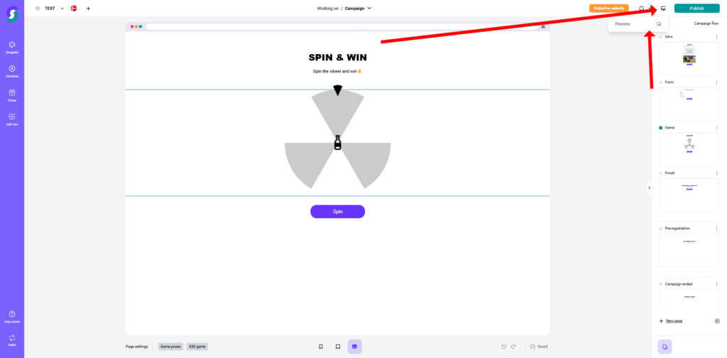 Preview 1 Alt-Text (SEO-optimiert, deutsch): Webdesign-Oberfläche einer Gamification-Software mit zentralem Spin & Win Glücksrad-Spiel, lila „Drehen“-Button darunter, sichtbarer Seitenmenü-Leiste links und hervorgehobener „Veröffentlichen“-Button oben rechts. Ideal für Gewinnspiele und Wettbewerbe online.