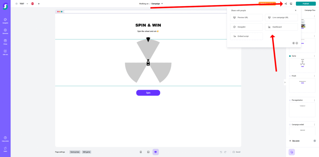 Sharing 1 Bildschirm mit Webseiten-Builder, der ein Spin & Win-Gewinnspiel zeigt; Rote Pfeile markieren Teilen-Optionen für Desktop und Veröffentlichen – ideal zur Verwaltung von Gamification-Software, Gewinnspielen und Wettbewerben.