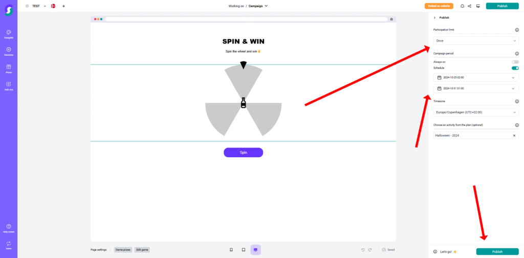 Publishing 2 SEO-optimierter Alt-Text: Digitale Benutzeroberfläche mit Spin & Win Glücksrad-Spiel; Rote Pfeile markieren die „Once“-Veröffentlichungseinstellung und den blauen „Publish“-Button, interaktive lila Seitenleiste links – Gamification-Software zur Erstellung von Online-Gewinnspielen und Wettbewerben.