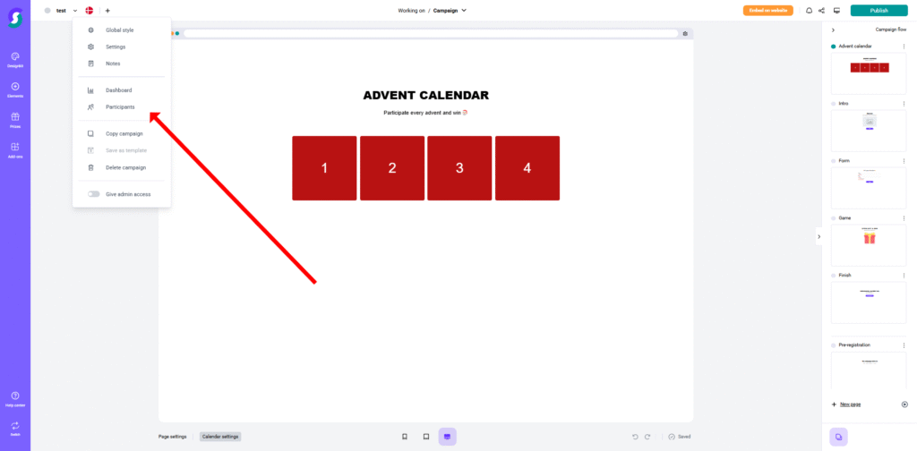 Audience 2 Bild eines Computerbildschirms mit einem Adventskalender-Kampagnen-Editor; in der Mitte vier rote, nummerierte Kästchen (1–4). Eine große rote Pfeilmarkierung zeigt auf die Menüoption „Dashboard“ in der interaktiven Seitenleiste. Ideal für Gamification-Software, Gewinnspiele und Wettbewerbe.