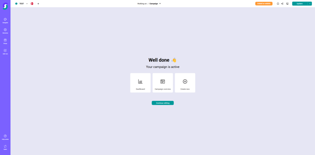 Publishing 3 Das Dashboard einer Gamification-Software zeigt die Benachrichtigung „Gut gemacht, Ihre Kampagne ist aktiv“ mit Buttons für Dashboard, Kampagnenübersicht, neue Erstellung und grünem Button zum weiteren Bearbeiten.