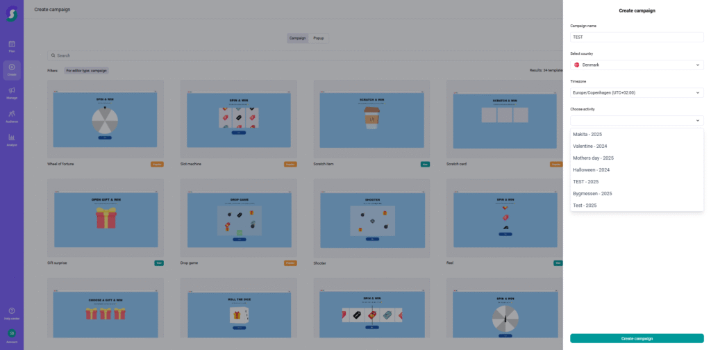 Campagne aussuchen Benutzeroberfläche einer Gamification-Software zur Erstellung von Gewinnspiel-Kampagnen mit Casino-Spiel-Icons, Sidebar und Formular für Kampagnendetails wie Name, E-Mail-Liste und Kanaltyp.