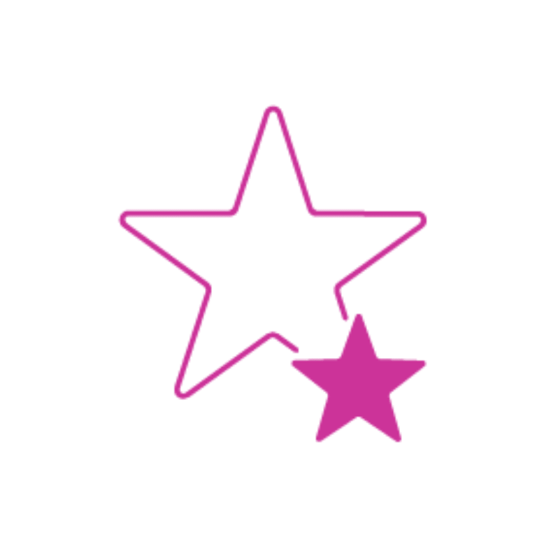 Großer pinker Sternumriss mit kleinem, gefülltem pinken Stern auf weißem Hintergrund - Symbol für Gamification-Software und interaktive Gewinnspiele wie Quiz zur Produktempfehlung erstellen.