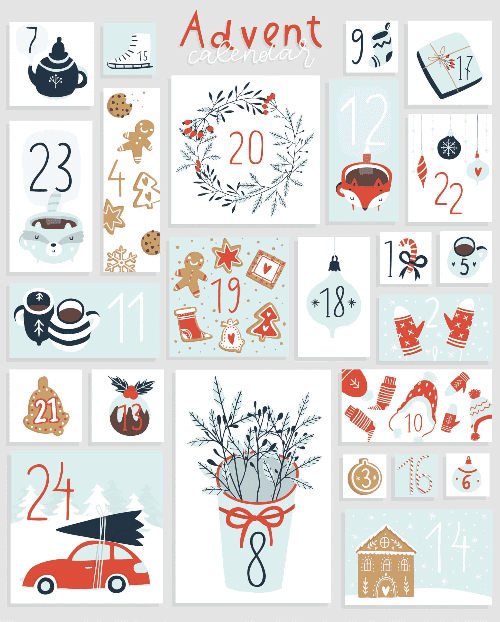 Adventskalender Illustration mit 24 nummerierten T&uuml;rchen und weihnachtlichen Motiven wie Handschuhen, Christbaumkugeln, Lebkuchen, Auto mit Tannenbaum sowie winterlichen Pflanzen in sanften Rot-, Blau- und Wei&szlig;t&ouml;nen &ndash; ideal f&uuml;r Gamification-Gewinnspiele und Online-Wettbewerbe.