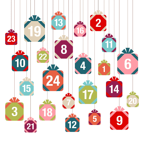 Bunte, nummerierte Geschenkboxen von 1 bis 24 h&auml;ngen als Adventskalender an Schn&uuml;ren; Jede Box hat ein einzigartiges Design &ndash; ideal f&uuml;r Gamification-Gewinnspiele und Wettbewerbe.