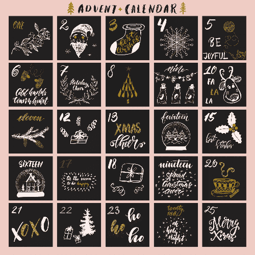 Adventskalender mit 25 schwarz-goldenen, nummerierten Boxen und festlichen Motiven wie Weihnachtsmann, Schneeflocke, Rentier und weihnachtlichen Spr&uuml;chen &ndash; ideal f&uuml;r Gamification-Gewinnspiele, Online-Adventskalender und Wettbewerbe in der Vorweihnachtszeit.