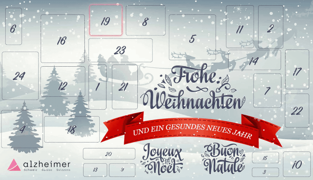 SEO-optimierter Alt-Text: Digitaler Adventskalender mit verschneiter Winterlandschaft, Rentier-Schlitten, nummerierten T&uuml;rchen und Weihnachtsgr&uuml;&szlig;en auf Deutsch, Franz&ouml;sisch und Italienisch; Ideal f&uuml;r Gamification-Gewinnspiele und Wettbewerbe. Logo der Alzheimer Association unten abgebildet.