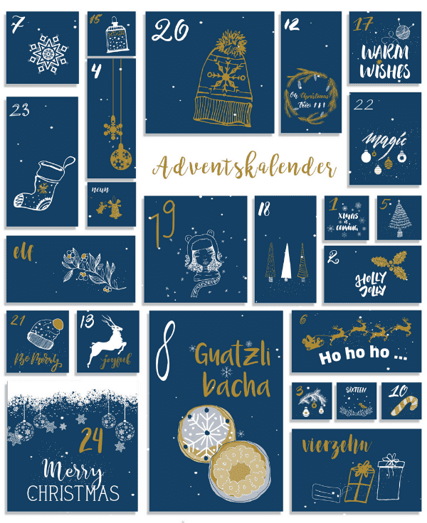 Digitaler Adventskalender mit 24 marineblauen und goldenen Feldern, illustriert mit weihnachtlichen Motiven wie Sternen, Rentier, Socken, Handschuhen und Kugeln sowie deutschen und englischen Gr&uuml;&szlig;en &ndash; ideal f&uuml;r Gewinnspiele und Gamification-Wettbewerbe zur Weihnachtszeit.