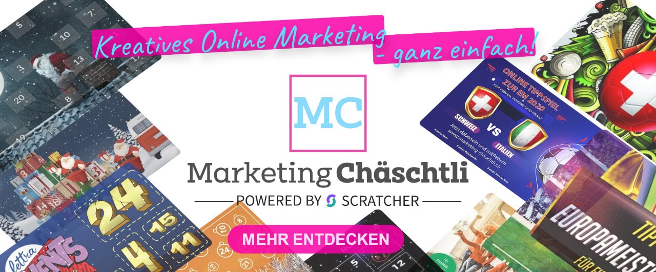 Kollage bunter Online-Rubbellose mit dem Text „Kreatives Online Marketing – ganz einfach!“, MC-Logo und „Marketing Chäschtli powered by Scratcher“; pinker Button „Mehr entdecken“ lädt zum Entdecken interaktiver Gamification-Ideen für Gewinnspiele und Wettbewerbe ein.