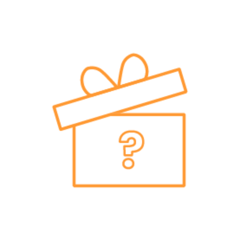 Orange Umriss einer Geschenkbox mit Schleife und geöffnetem Deckel, darin ein Fragezeichen als Symbol für Überraschungsgewinn oder Mystery-Belohnung bei Gamification-Gewinnspielen und Software-Wettbewerben.