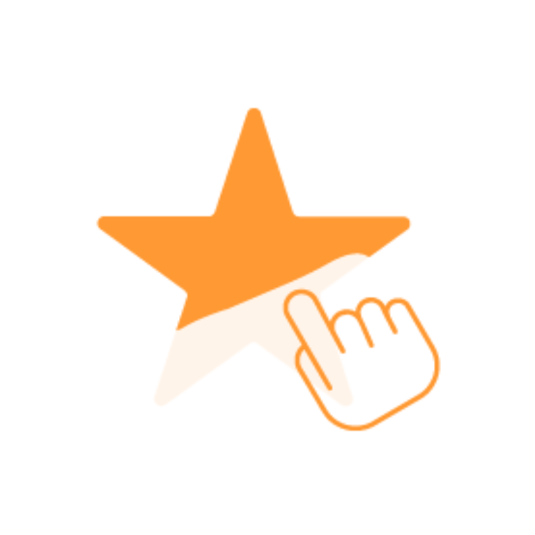 Orangefarbener Stern mit Hand-Icon, das eine Nutzerbewertung oder Auswahl in einer Gamification-Software für Gewinnspiele und Wettbewerbe symbolisiert.
