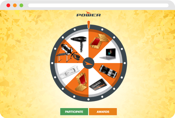 Digitales Glücksrad mit Preisen wie Elektronik, Drohne, Haartrockner, Uhr und Goldbarren; darunter Schaltflächen "Teilnehmen" und "Gewinne" - ideal für Gamification-Software, Gewinnspiele und Wettbewerbe.