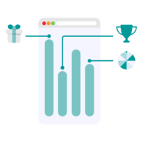 Diagramm mit Balkengrafik auf Bildschirm, verbunden mit Symbolen für Geschenkbox, Pokal und Tortendiagramm – visualisiert Fortschritt und Belohnungen einer Gamification-Software für Online-Marketing, Gewinnspiele und Wettbewerbe.