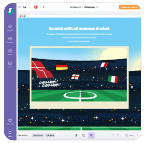 Website-Editor mit Stadion-Grafik und Flaggen von Dänemark, Deutschland, England und Italien; Text: „Scratch with all Summer & Wind“. Editor-Menü sichtbar. Beispiel für individuelle Gestaltung von Gamification-Software, Gewinnspielen und Wettbewerben.