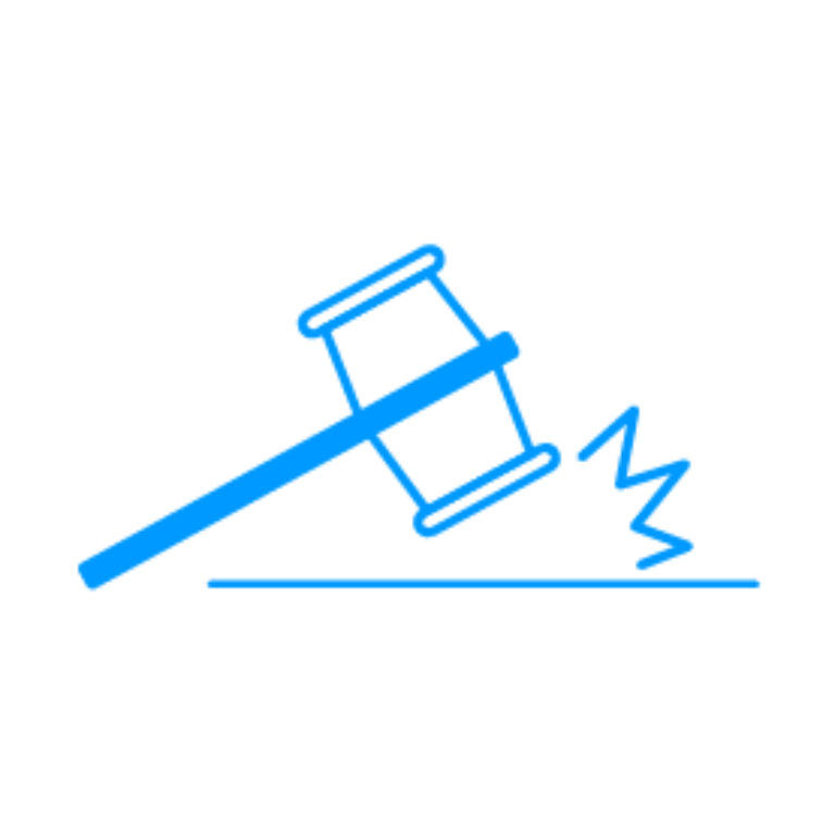 Richterhammer als blaue Umriss-Illustration schlägt auf Oberfläche – Symbol für Fairness und Recht bei Gewinnspielen und Wettbewerben in Gamification-Software.