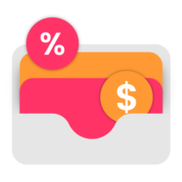 Alt-Text (deutsch, SEO-optimiert): Illustration eines Briefumschlags mit zwei bunten Karten – eine orangefarbene mit Prozentzeichen, eine rosa mit Dollarzeichen – als Symbol für Rabattaktionen und finanzielle Angebote in Gamification-Software, Gewinnspielen und Wettbewerben für erfolgreiche Online-Marketing-Kampagnen.