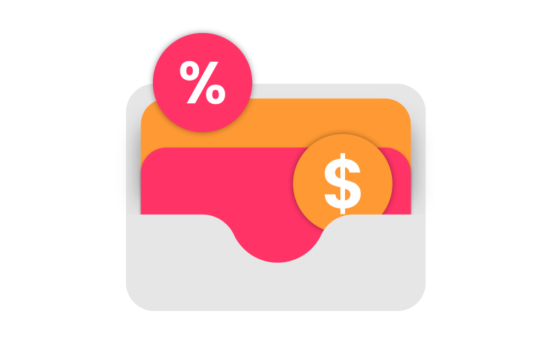 Alt-Text (deutsch, SEO-optimiert): Illustration eines Briefumschlags mit zwei bunten Karten – eine orangefarbene mit Prozentzeichen, eine rosa mit Dollarzeichen – als Symbol für Rabattaktionen und finanzielle Angebote in Gamification-Software, Gewinnspielen und Wettbewerben für erfolgreiche Online-Marketing-Kampagnen.