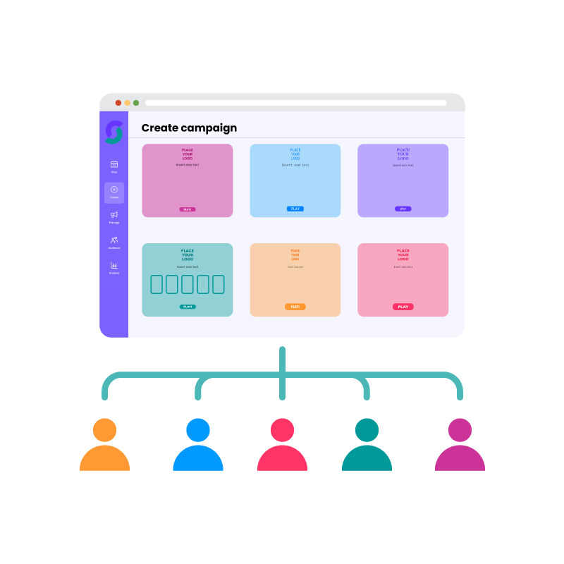 Computerbildschirm mit farbenfroher Kampagnen-Software-Oberfläche und vernetzten Symbolen für Teamarbeit – ideal für Gamification Software, Gewinnspiele und gemeinsames Erstellen von Online-Marketing-Kampagnen.