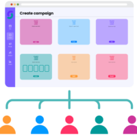 Computerbildschirm mit farbenfroher Kampagnen-Software-Oberfläche und vernetzten Symbolen für Teamarbeit – ideal für Gamification Software, Gewinnspiele und gemeinsames Erstellen von Online-Marketing-Kampagnen.