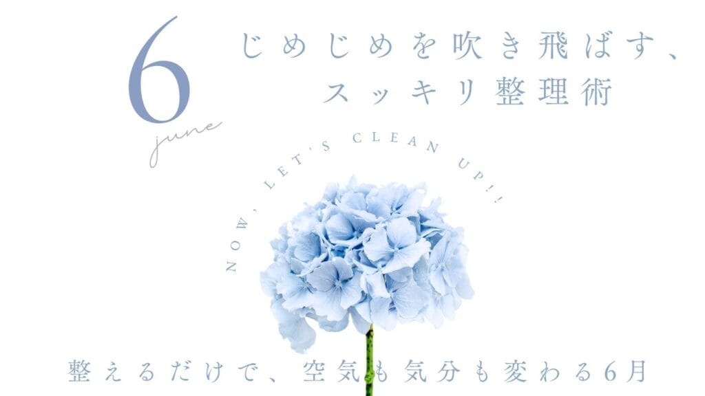 6月の梅雨と紫陽花をイメージした季節の写真。雨傘としずくをまとった花のコントラストが印象的