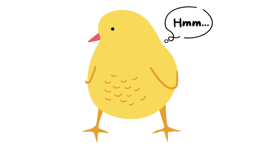 片づけの習慣について考える黄色いヒヨコのイラストと「Hmm...」の吹き出し