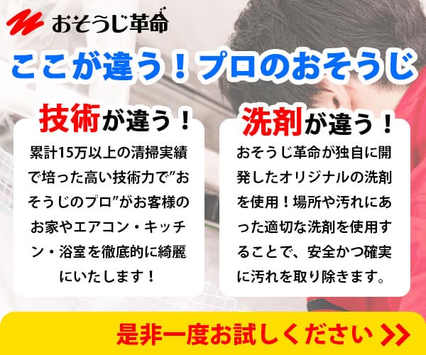 おそうじ革命の強みである高い技術力と専用洗剤の特長を説明。清掃のプロが対応する様子。