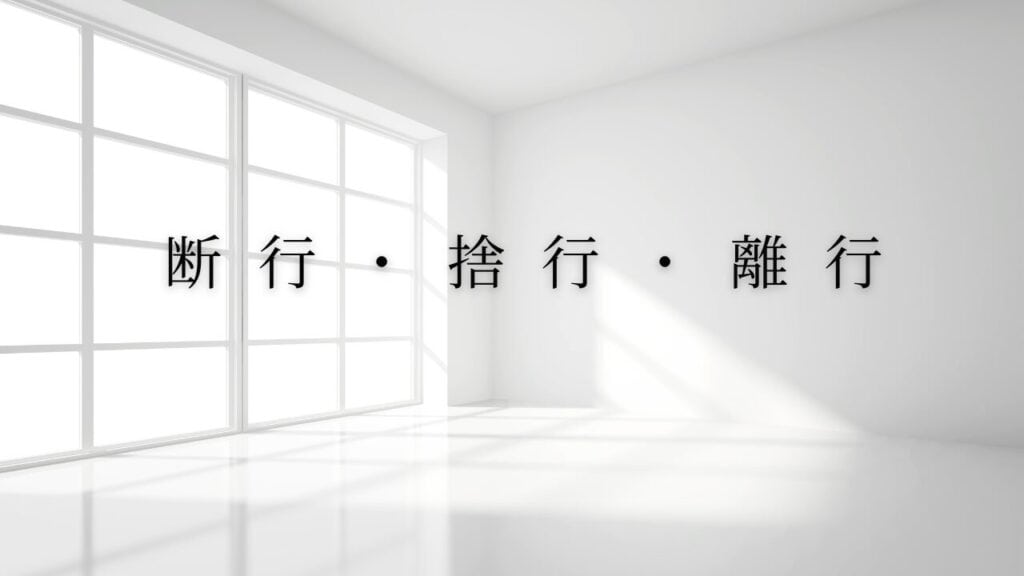 断捨離の考え方を象徴するミニマルな白い部屋と「断行・捨行・離行」の文字