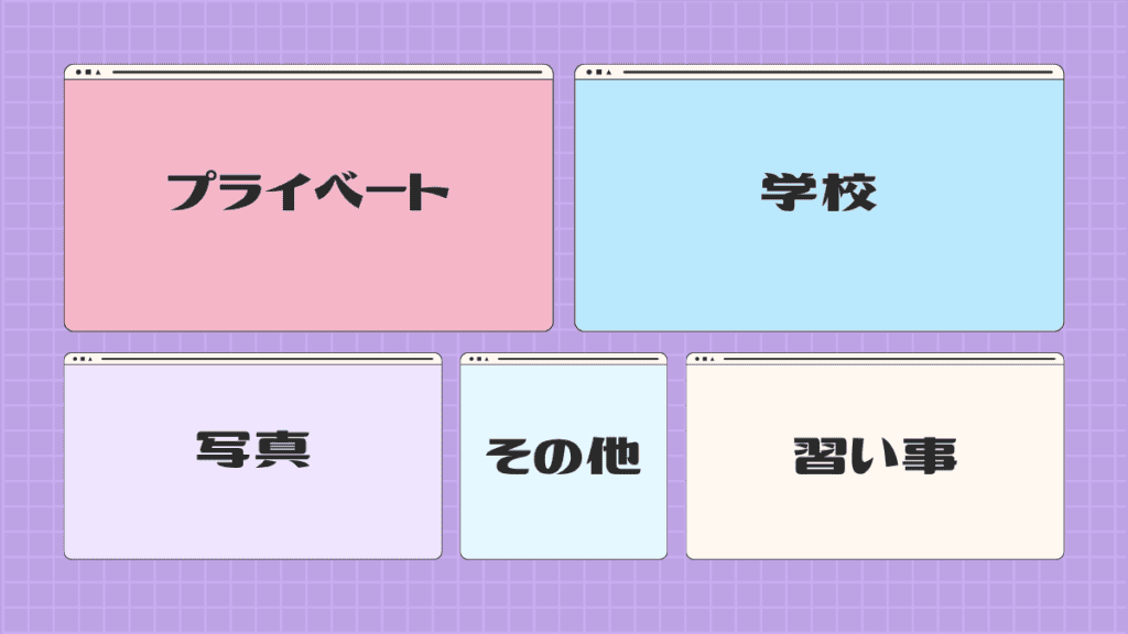小中学生の持ち物を「プライベート・学校・写真・習い事・その他」に分類した整理イメージ