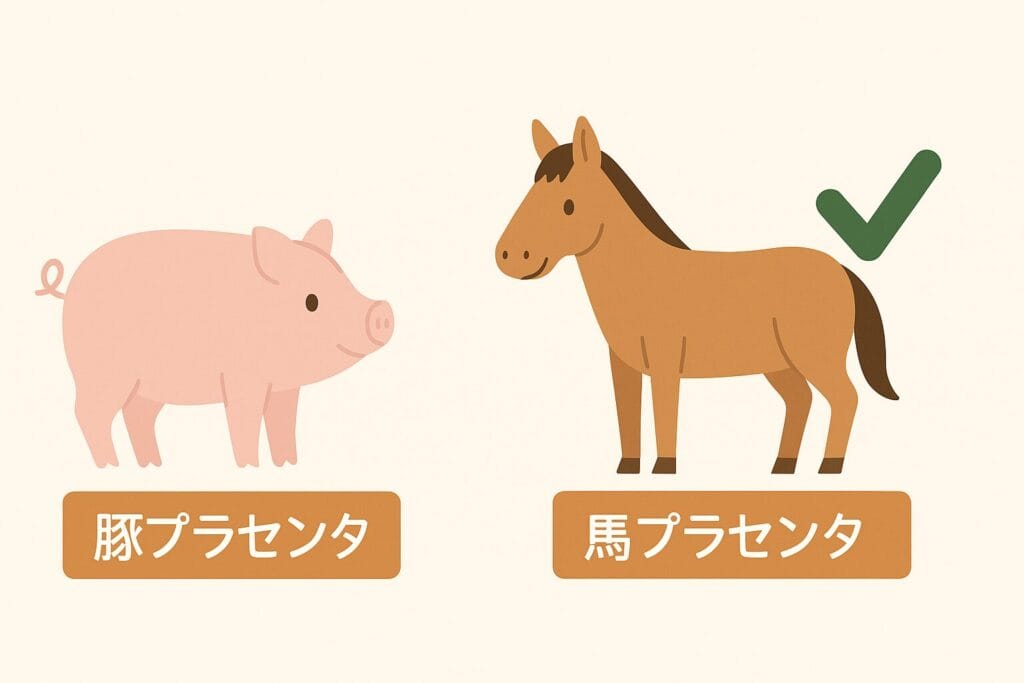 馬と豚のイラストに「馬プラセンタ」「豚プラセンタ」のラベルがついた比較図